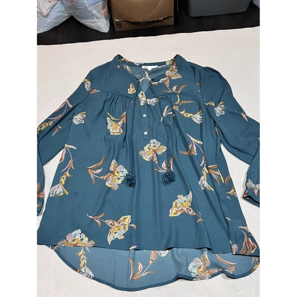 DR2 By Daniel Rainn Teal Floral V-neck Blouse Pleat Front Iris Print Large